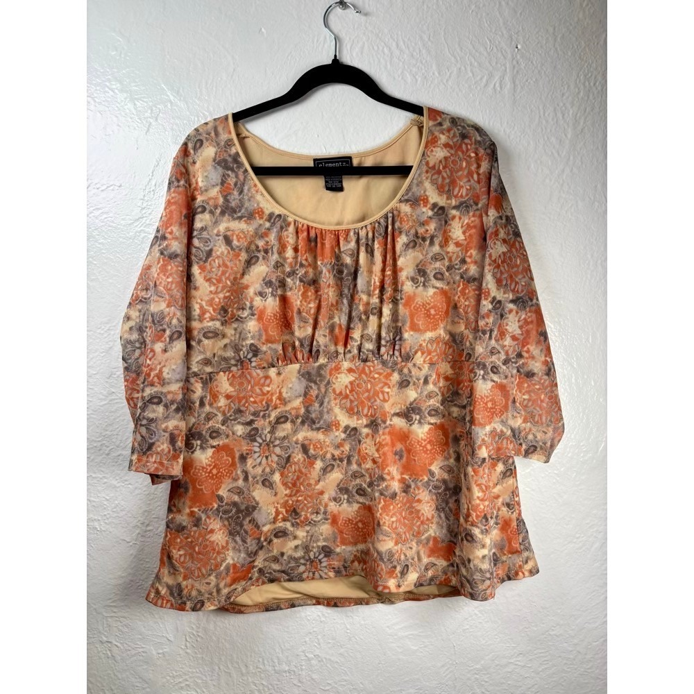 Womans Blouse 2X Orange Paisley Sheer Empire Waist Autumn Halloween Earthy Boho